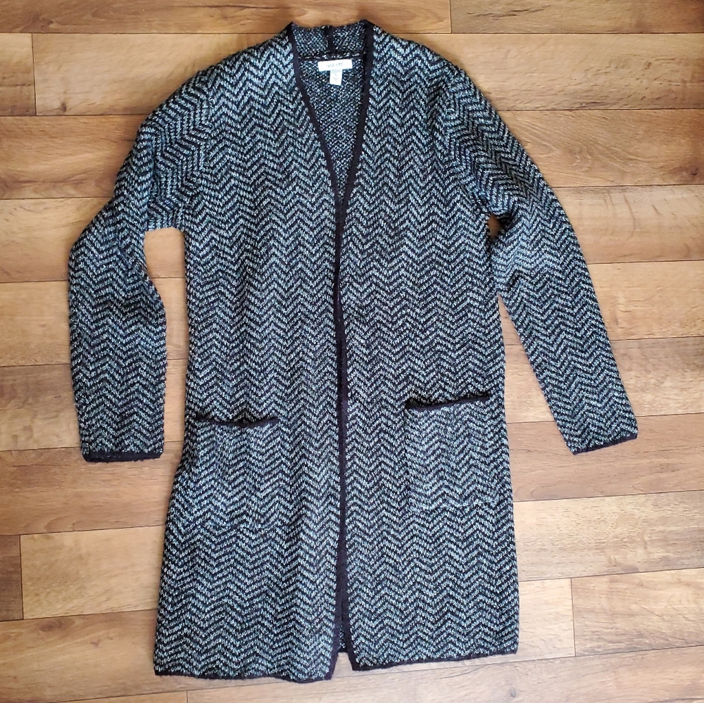 Nine West Black & Gray Chevron Long Open Cardigan Size Small